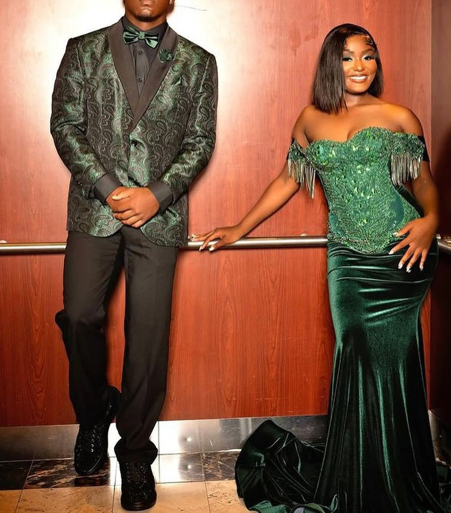Dark Green Off the shoulder Sequined Mermaid Long Prom Dresses