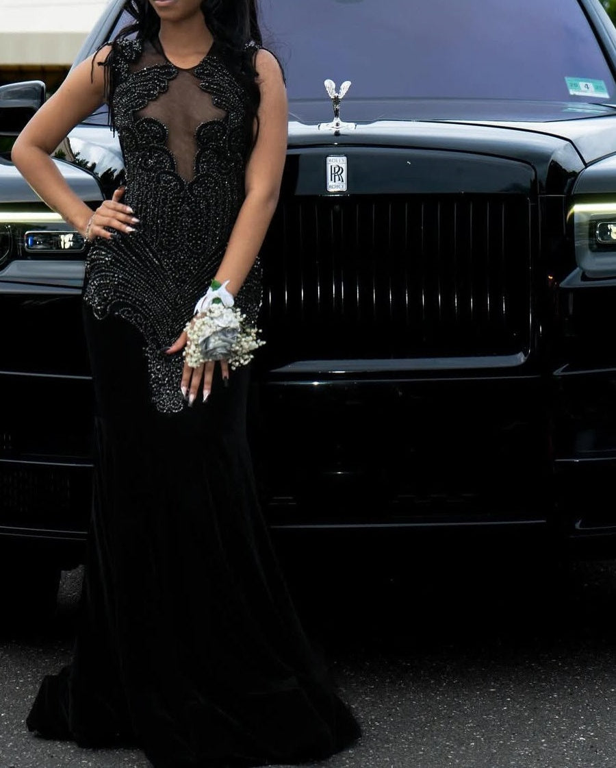 Black Beaded Sleeveless Round neck Mermaid Long Prom Dresses