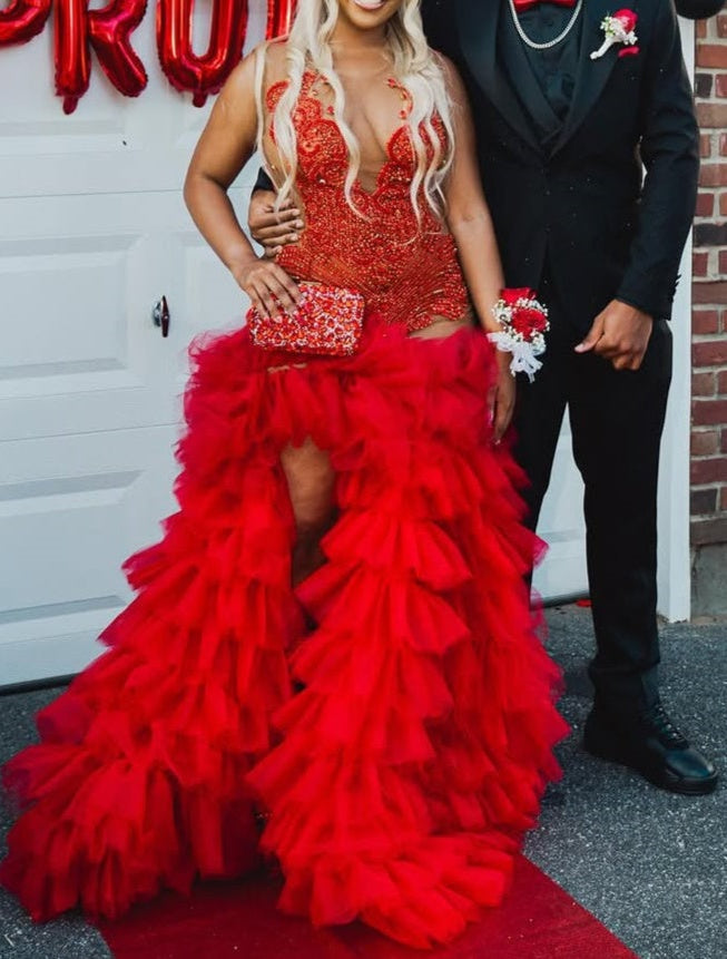Red Ruffles High Split Sleeveless Mermaid Long Prom Dresses
