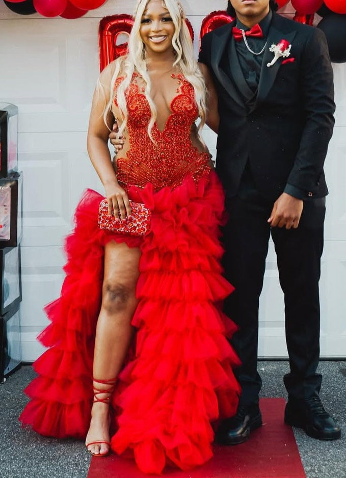 Red Ruffles High Split Sleeveless Mermaid Long Prom Dresses