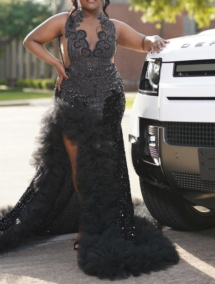 Black Keyhole Feathers High Split Mermaid Sequin Prom Dresses