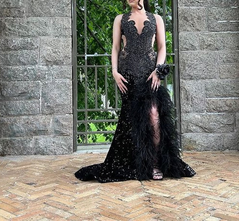 Black Open Back Sleeveless High Split Sequin Long Prom Dresses