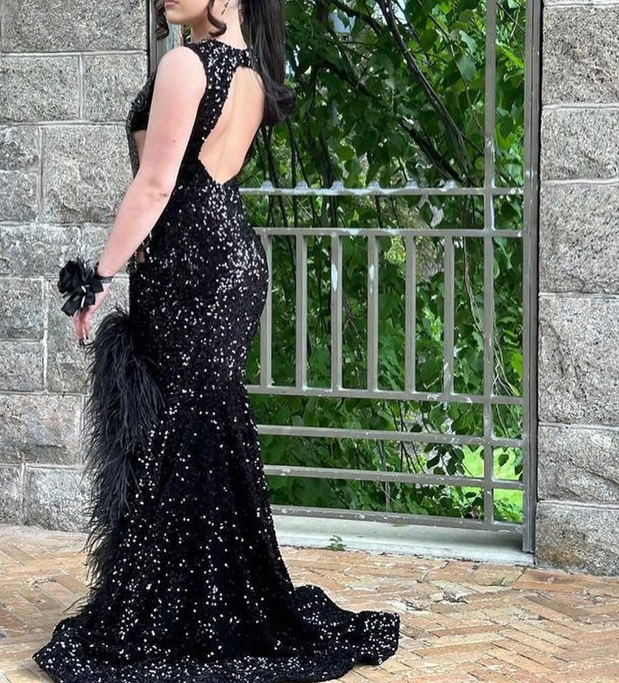 Black Open Back Sleeveless High Split Sequin Long Prom Dresses