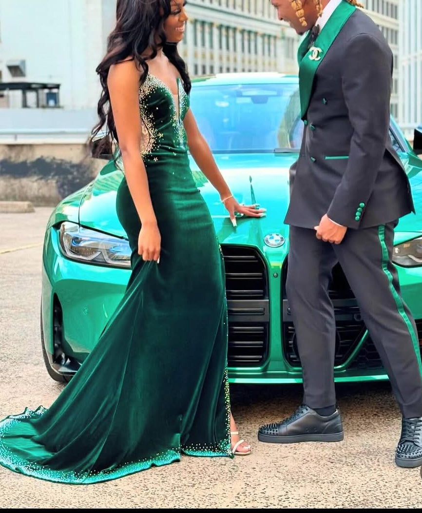Dark Green Silver Beaded Velvet High Split Mermaid Prom Dresses