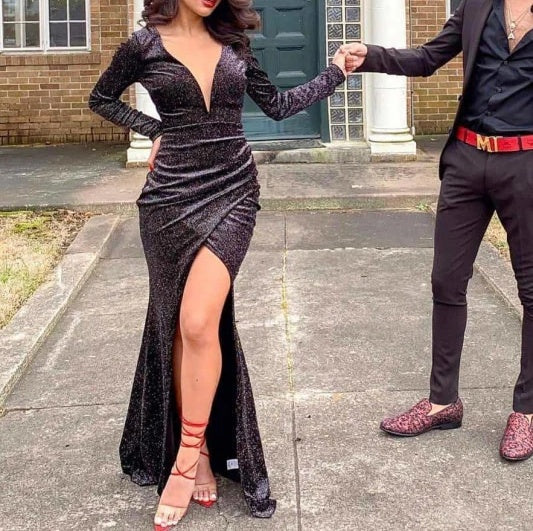 Long sleeves Deep V-neck High Split Mermaid Sparkle Black Prom Dresses