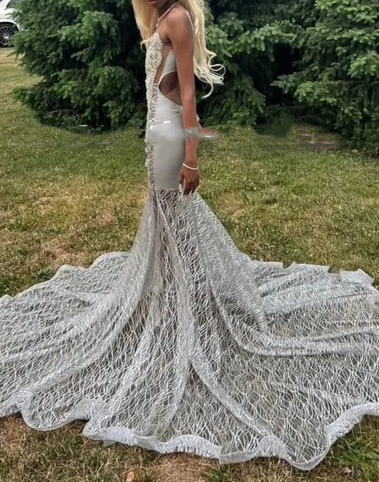 Silver Deep V-neck Sleeveless Mermaid Sparkle Court Train Prom Dresses