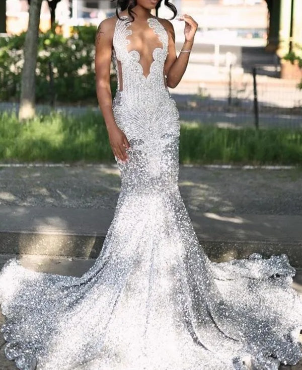 Silver Beaded V-neck Sequin A-line Sleeveless Floor length Prom Dresses