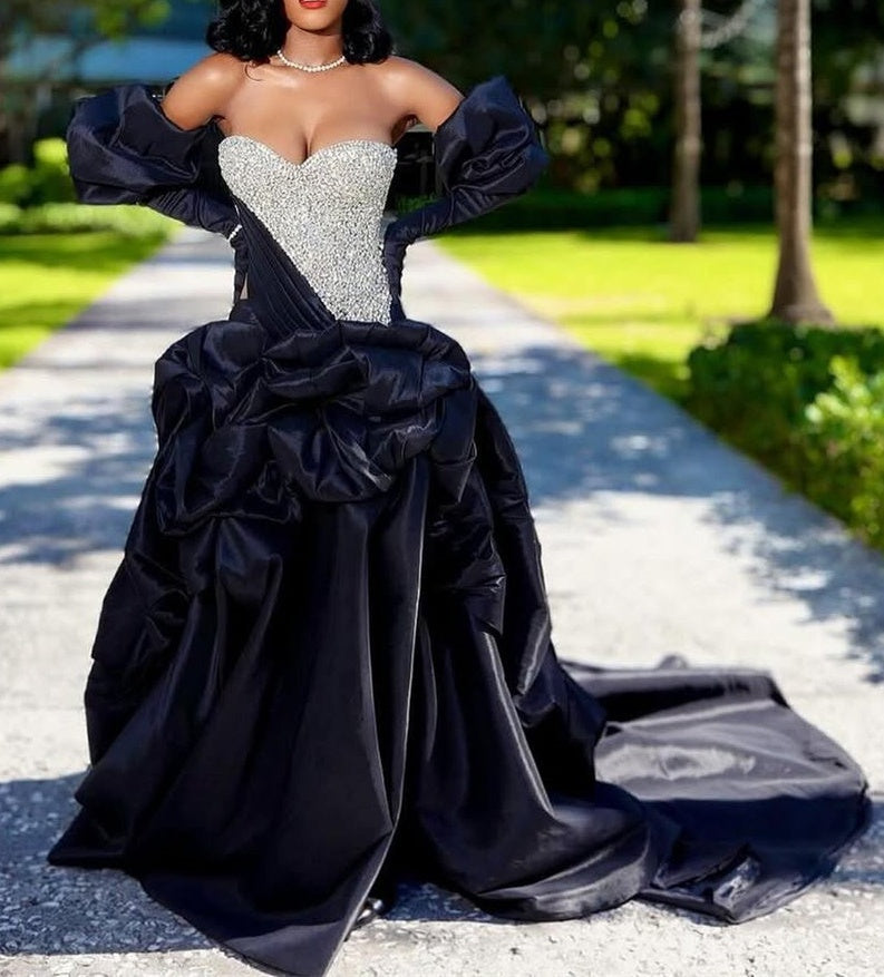 Sweetheart Ball Gown Black Puffy Silver Beaded Prom Dresses
