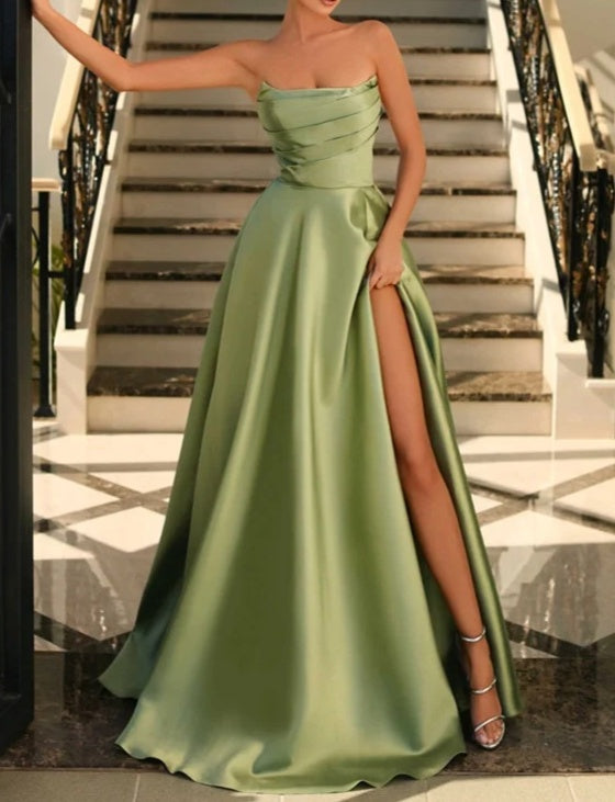 Dusty Sage Strapless Sleeveless Silk like satin A-line High Split Prom Dresses
