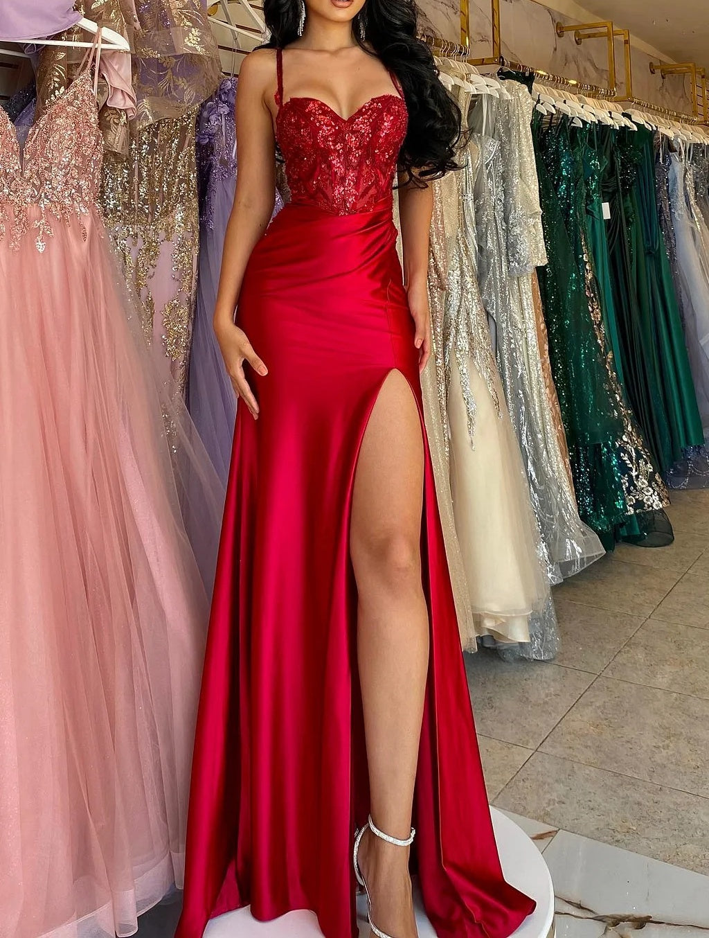 Straps Burgundy Sweetheart High Split A-line Floor length Prom Dresses