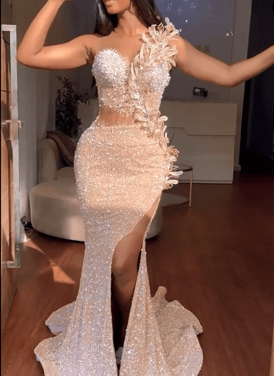 Gorgeous Sweetheart Sleeveless Mermaid Prom Dresses With Split Sequins Beadings