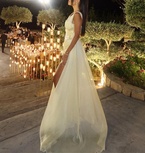 Gorgeous Daffodil Asymmetrical Sequins One Shoulder Prom Dresses With High Slit Ruffle
