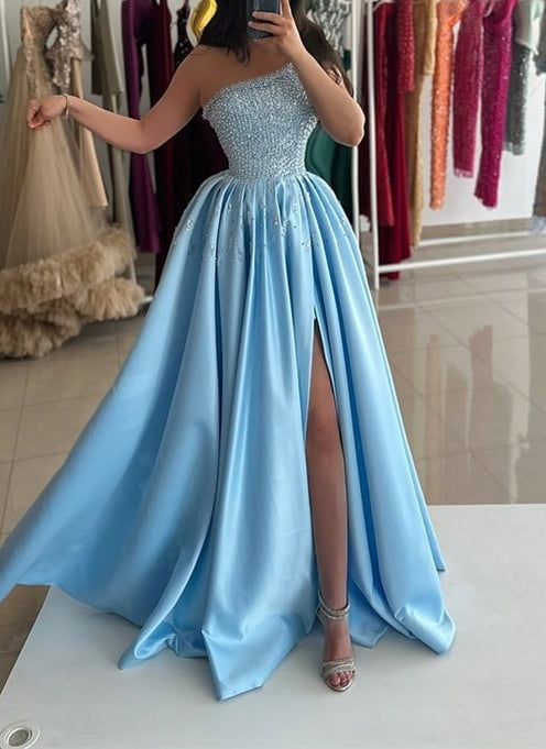 Popular Sky Blue One Shoulder Prom Dresses Sleeveless Sequins With High Slit Pearls