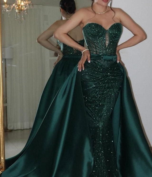 Luxury Dark Green Sweetheart Mermaid Prom Dresses Sequins Lace-Up Back With Overskirt