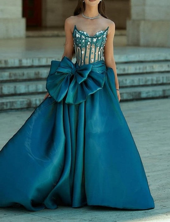 Romantic Peacock Strapless A-line Prom Dresses Gem With High Slit Bowknot
