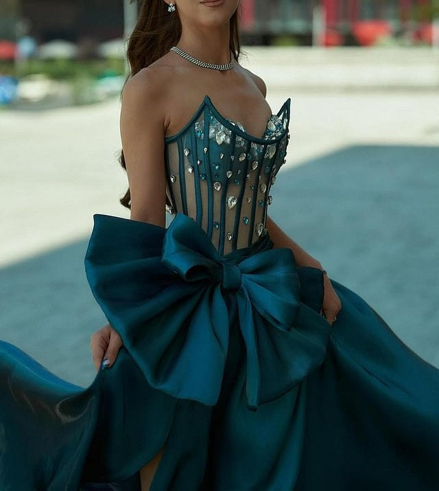 Romantic Peacock Strapless A-line Prom Dresses Gem With High Slit Bowknot