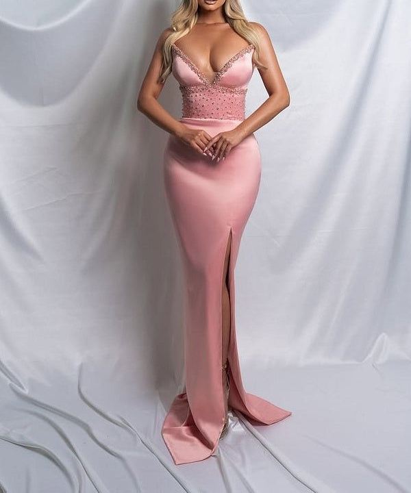 Trendy Dusty Rose V-Neck Mermaid Satin Prom Dress Sheath Sleeveless Side Slit With Beads