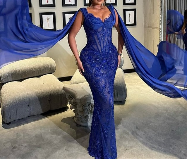 Luxury Royal Blue V-neck Lace Mermaid Prom Dresses Sleeveless Sheath Ribbons With Beads