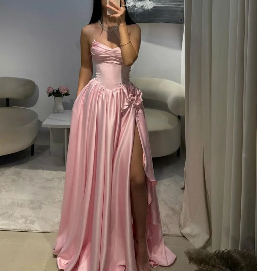 Gorgeous Baby Pink Sweetheart Satin Prom Dresses Sleeveless High Slit Gem With Pleats