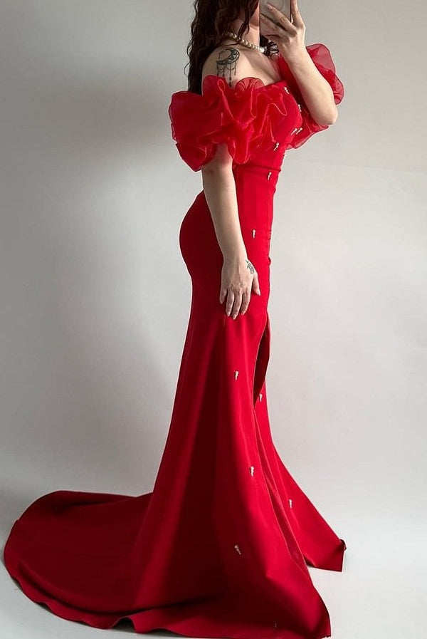 Elegant Red Strapless Mermaid Prom Dresses Bubbles Sleeves High Slit Sheath With Pearls