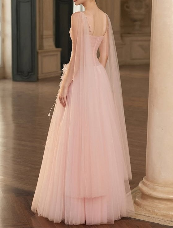 Gorgeous Pink Spaghetti-Straps Tulle Prom Dresses A-Line Ribbon Sleeveless With Beads Flower