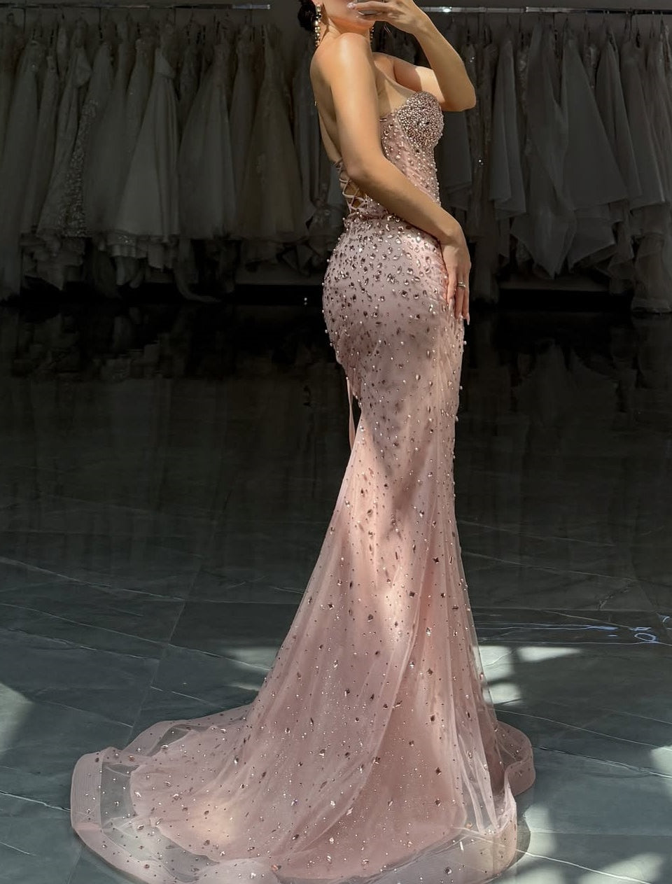 Beautiful Sweetheart Sleeveless Mermaid Prom Dresses Lace-Up Back Strapless Gem With Beads