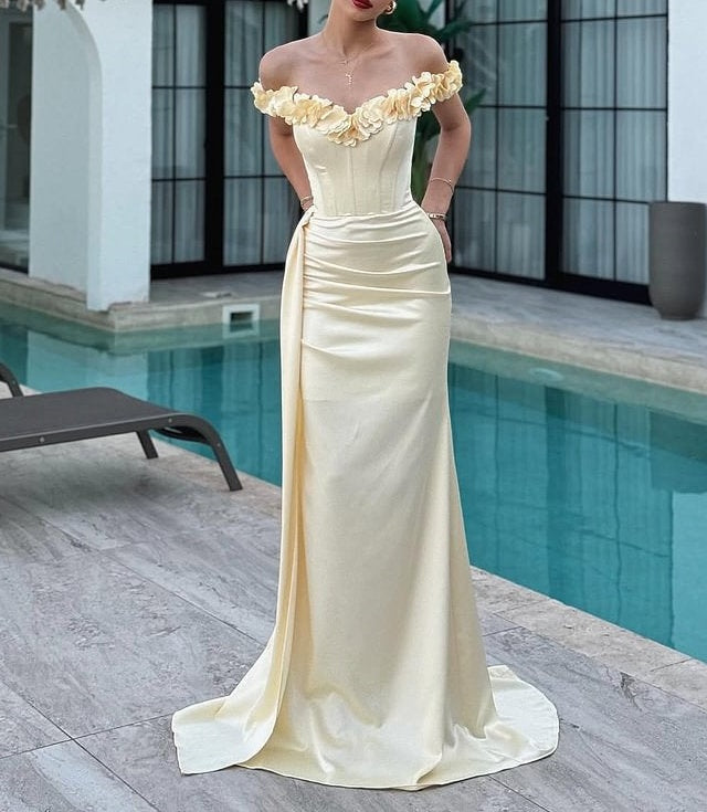 Luxury Daffodil Off-The-Shoulder Satin Mermaid Prom Dresses Lace-Up Back Sleeveless With Flower Ruffle