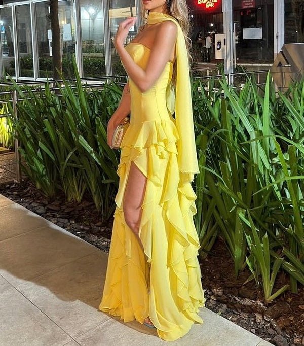 Gorgeous Yellow Strapless Sleeveless Chiffon Prom Dresses Ruffles Sheath With High Slit