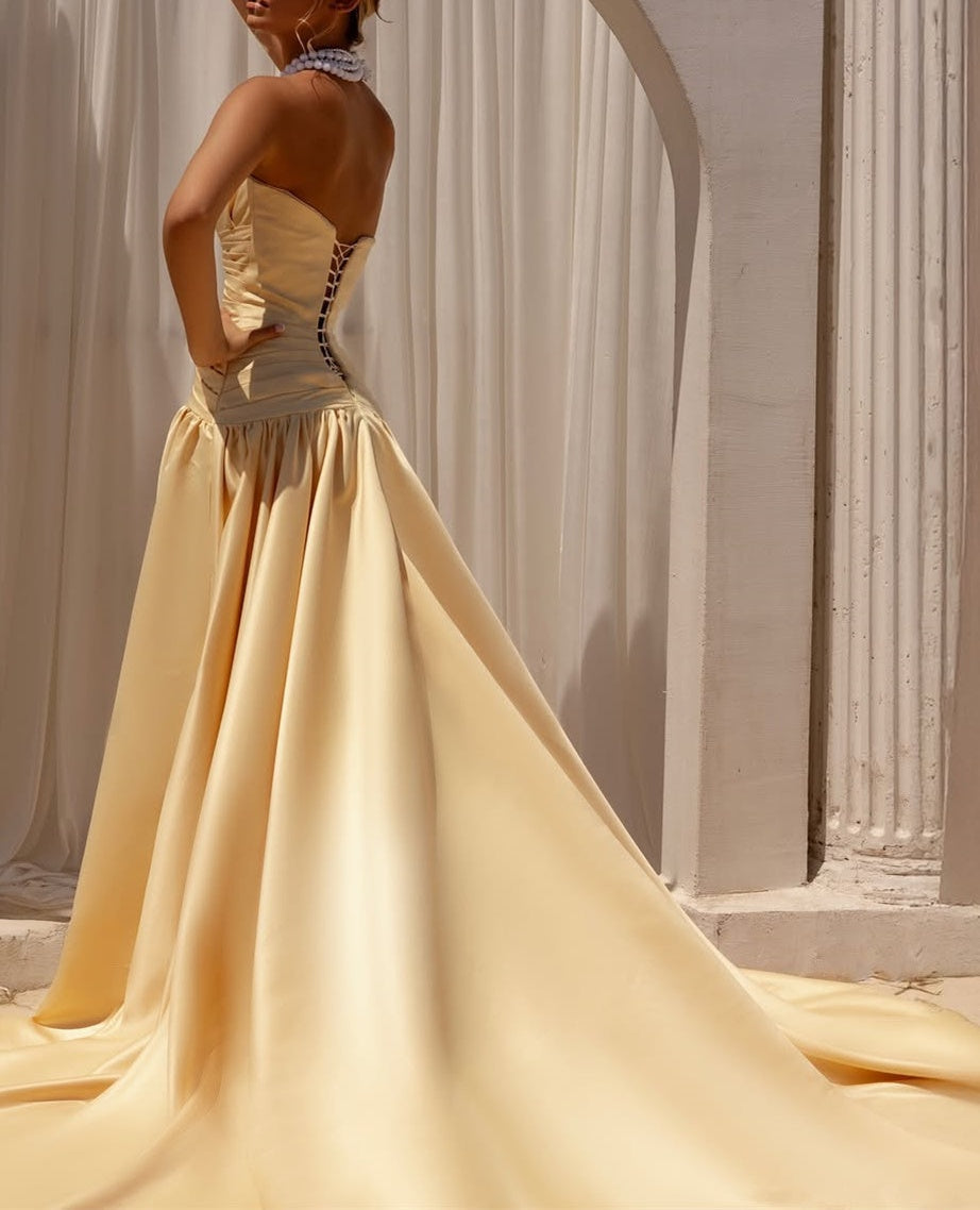 Beautiful Strapless Satin Prom Dresses A-Line Sleeveless Lace-Up-Back With Bow Knot Pleats