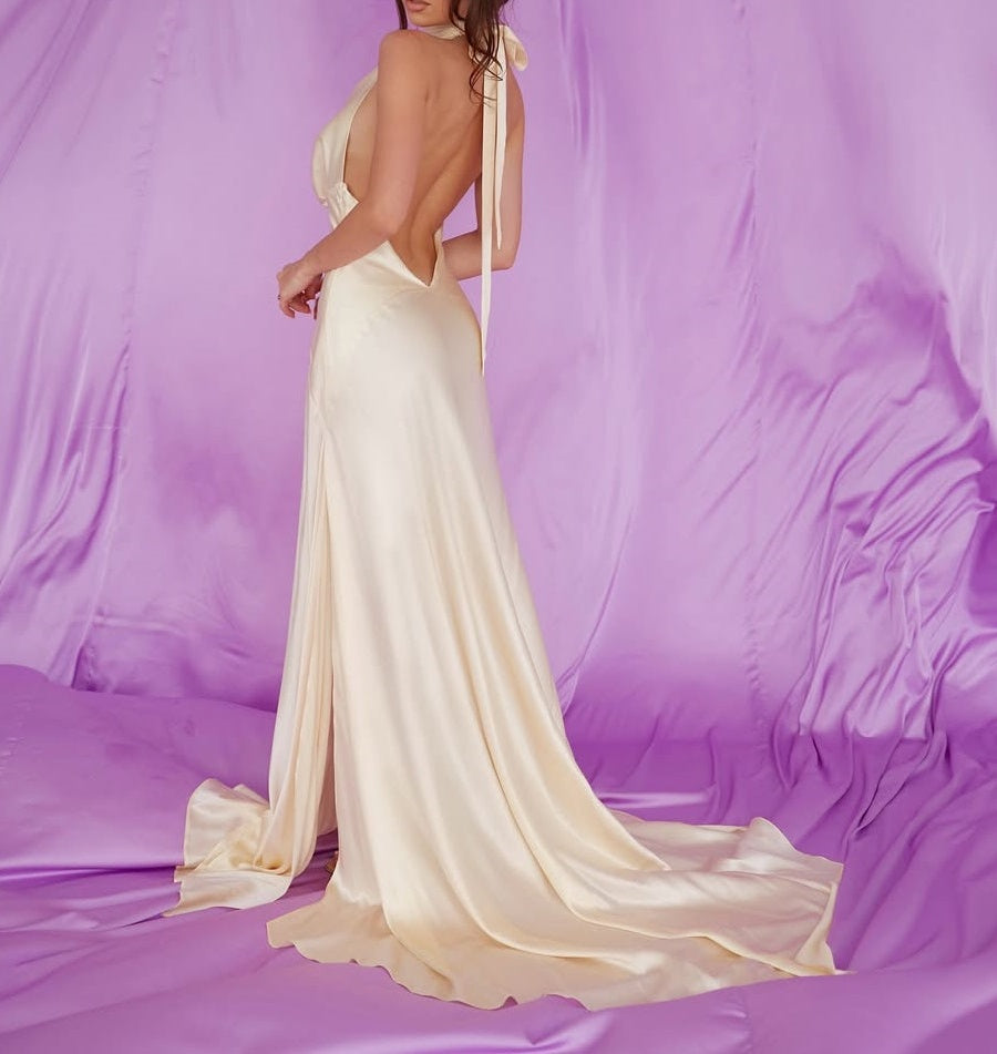 Luxury Halter Sleeveless Satin Prom Dresses Backless Long With Side Slit