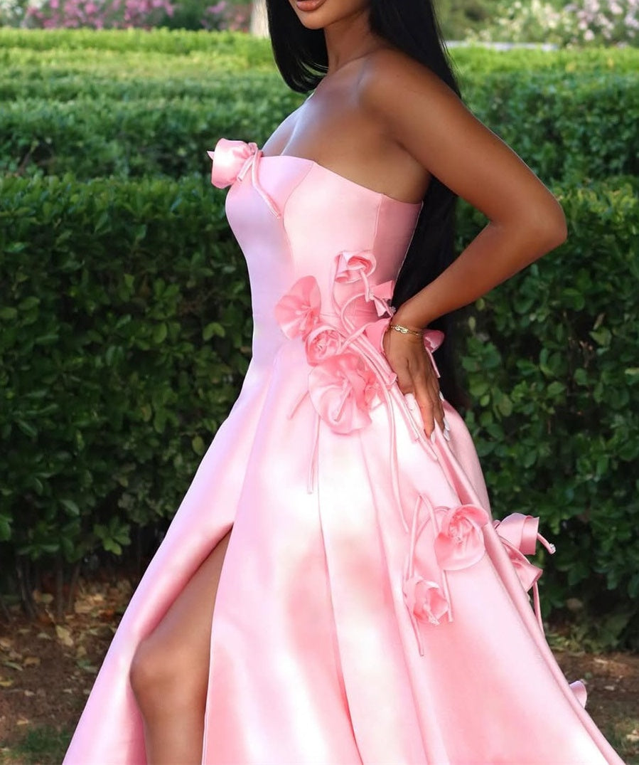 Chic Pink Satin Strapless Sleeveless Prom Dress High Slit A-Line With Flower