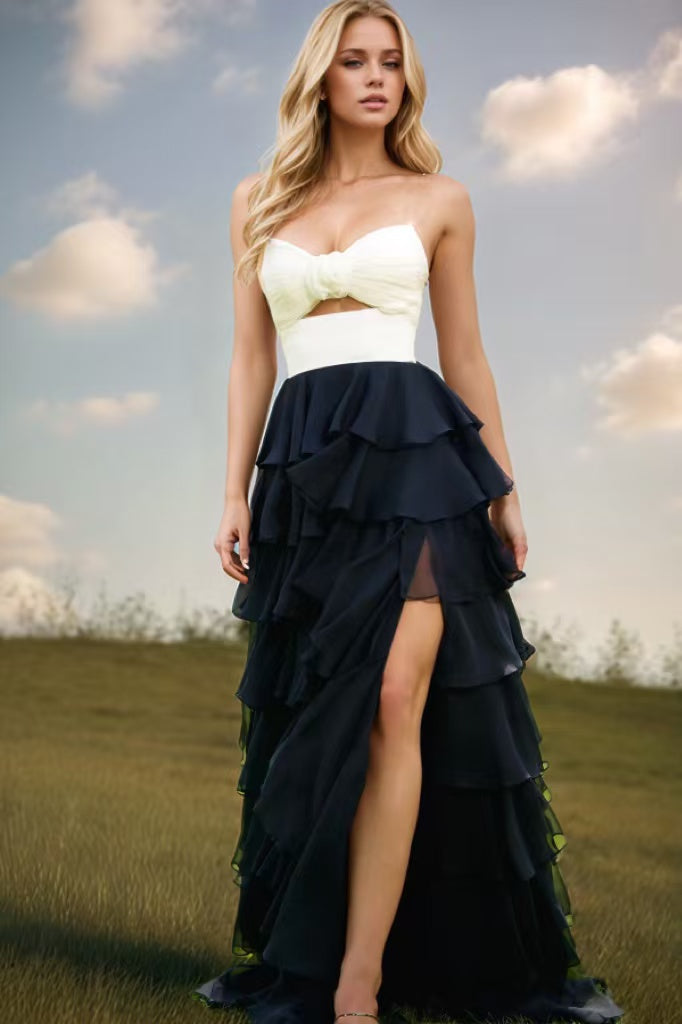 Elegant A-Line Sweetheart Neck Bow Knot Chiffon Black and White Contrast Prom Dresses Dress High Side Slit and Train Open Back Evening Formal Gown