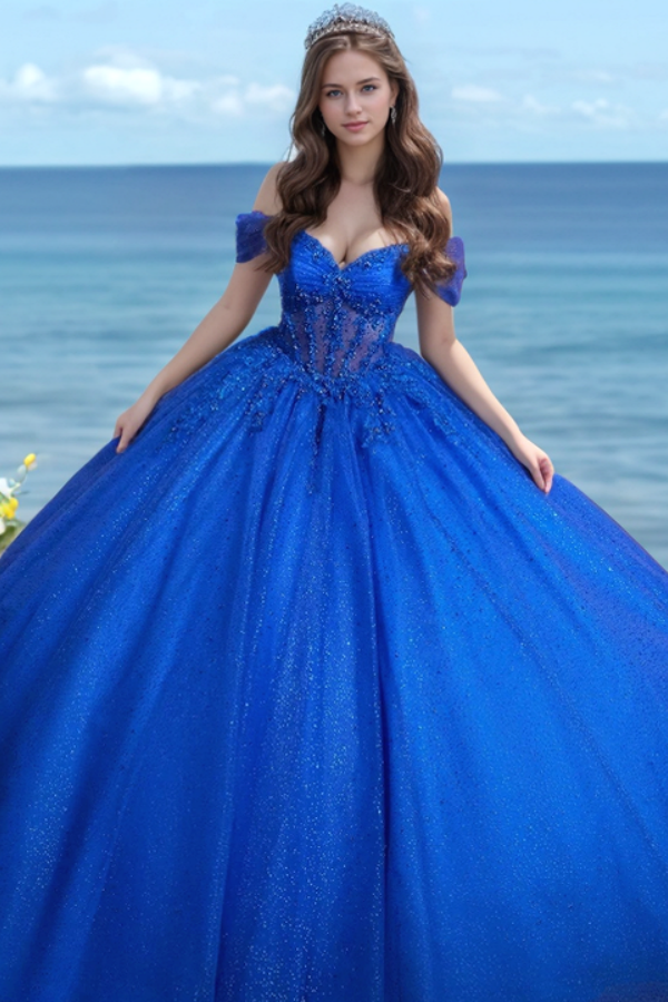Glamorous & Gliiter Ball Gown Off Shoulder Sleeveless Beaded Appliques Royal Tulle Quinceanera Dress Formal Party Dress for Sweet 16