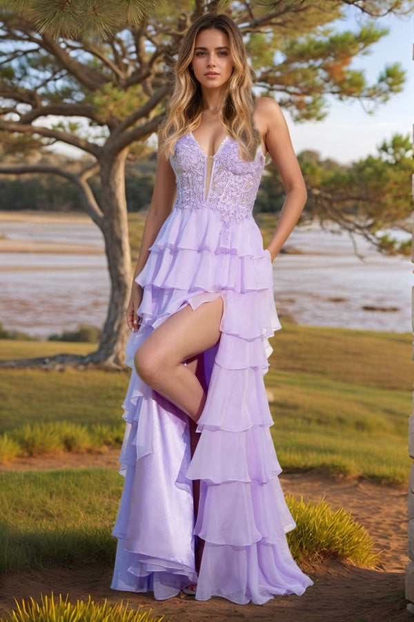 Gorgeous A-Line V Neck Sleeceless Appliques Chiffon Tiered Prom Dresses Party Dress High Side Slit and Train Back Zipper Evening Formal Gown