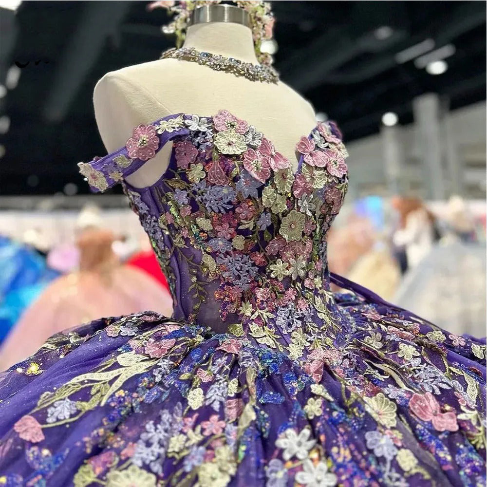 Glamorous Ball Gown Off Shoulder 3D Floral Lace Appliques Beaded Purple Tulle Quinceanera Dress Birthday Princess for Sweet 16