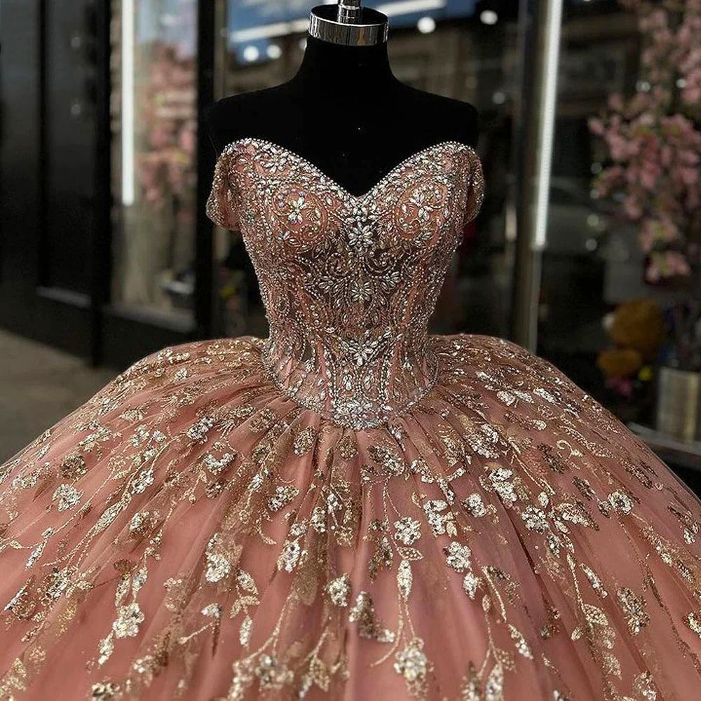 Glamorous & Luxury Ball Gown Off Shoulder Gold Flower Appliques Sweep Train Pink Tulle Quincanear Dress Birthday Party Gown for Sweet 16