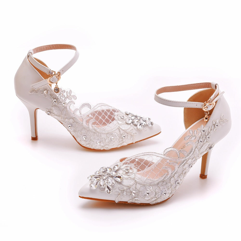 White Pointed Toe Lace Rhinestone Ankle Strap High Heel