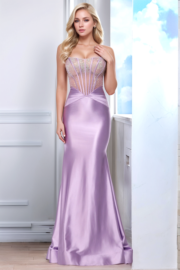 Sparkly Mermaid Strapless Sleeveless Beaded Pleated Back Zipper Floor Length Prom Dresses Party Dress Evening Formal Gown