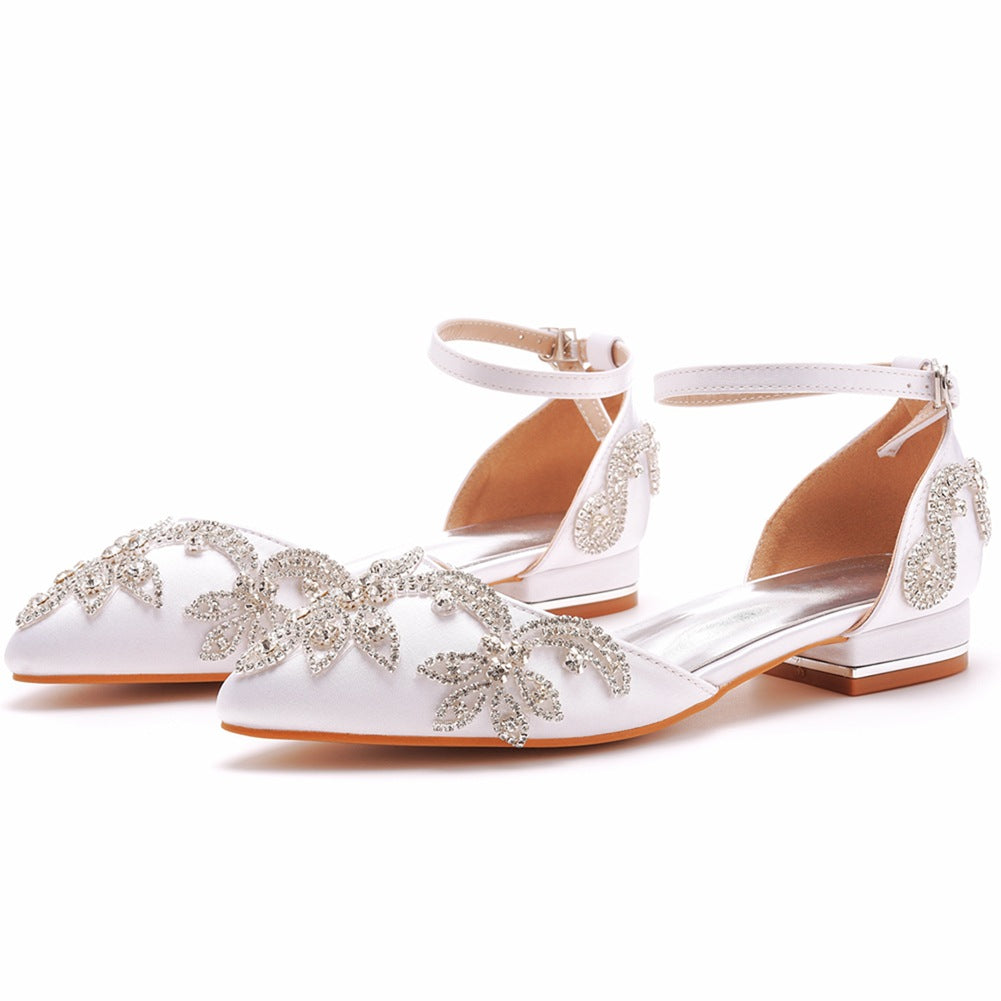 White Satin Rhinestone Flowers Pointed Toe Chunky Heels