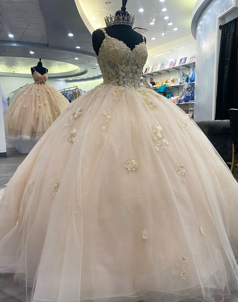 Classsic Ball Gown V Neck Spaghetti Straps Sleeveless Lace Appliques Champagne Tulle Quinceanera Dress Princess Formal Party Gown for Sweet 16