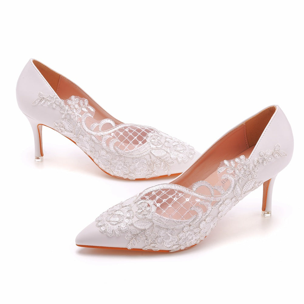 Women's Wedding Shoes White Lace Pointed Toe High Heels