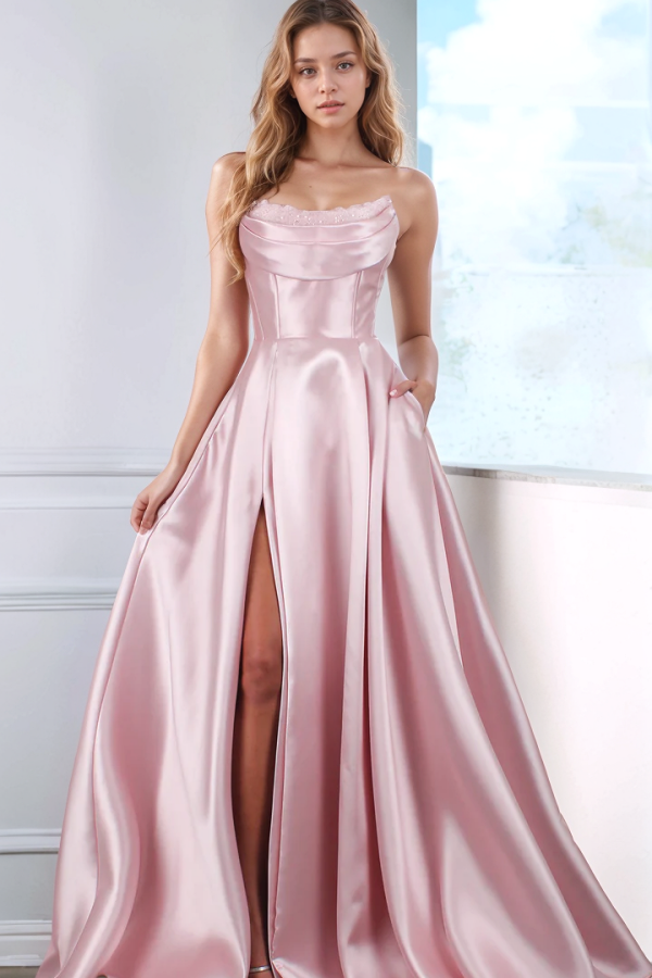 Sweet A-Line Boat Neck Sleeveless Sequins Pleated Prom Dresses Party Dress High Side Slit and Train Lace Up Formal Evening Dress
