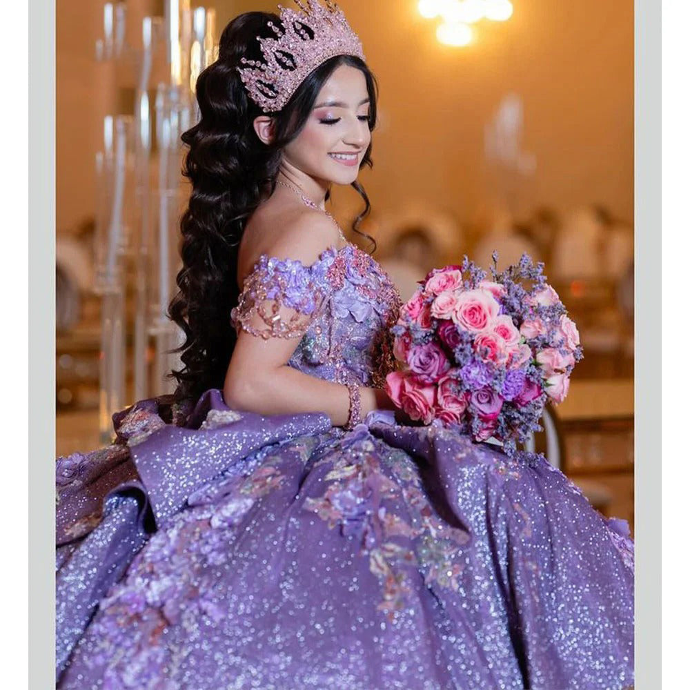 Luxury & Glitter Ball Gown Off Shoulder Beaded 3D Floral Lace Applique Tiered Ruffles Purple Sequins Quinceanera Dress Birthday Party Gown for Sweet 16