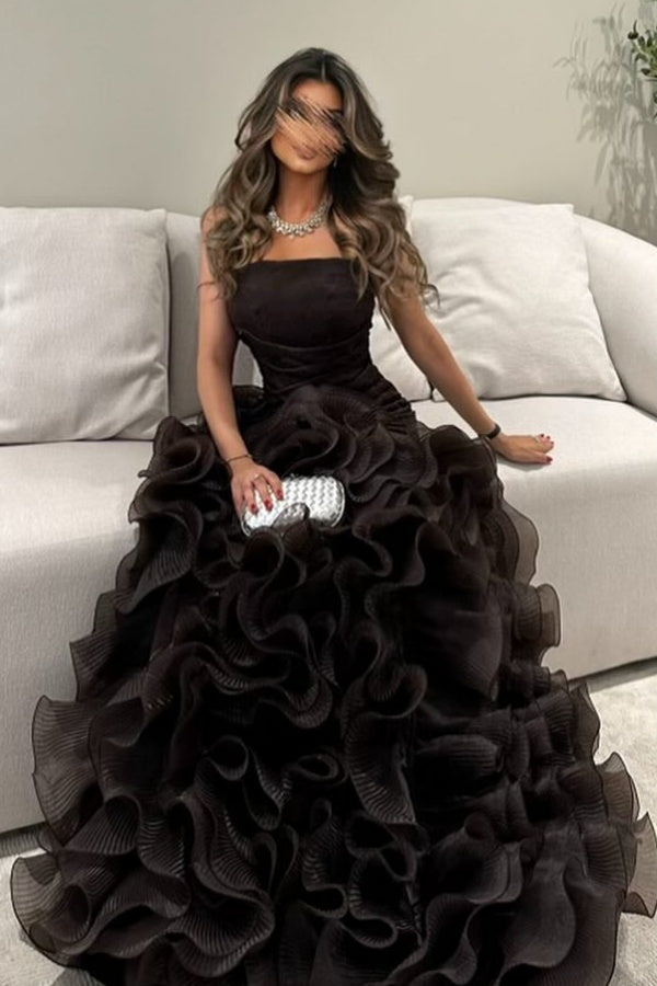 Chic & Modern Mermaid Strapless Sleeveless Tulle Tiered Prom Dresses Party Dress Black Floor Length Formal Evening Dress Cocktail Dress