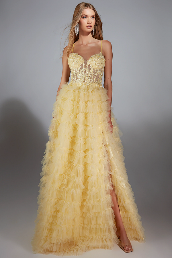 Chic & Modern A-Line Strapless Spaghetti Straps Sleeveless Yellow Appliques Tulle Tiered Prom Dresses Party Dress Floor Length High Side Slit Back Zipper Evening Dress Formal Cocktail Dress