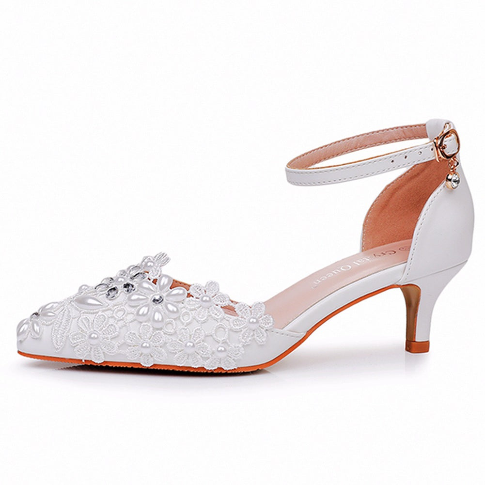 White Lace And Rhinestone Pointed Toe Wedding Shoes