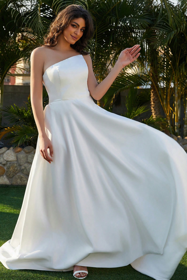 Elegant & Simple A-Line Strapless Sleeveless Lace Up Court Train Satin Wedding Dress Bride Gown