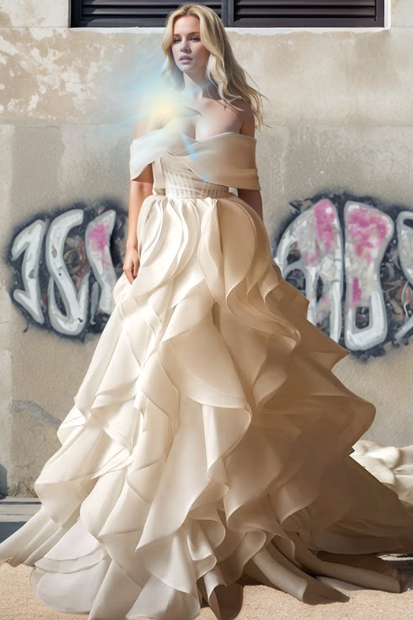 Luxury & Elegant A-Line Off Shoulder Sleeveless Pleated Ruffles Tiered Back Zipper Floor Length Bride Gown Chiffon Wedding Dress