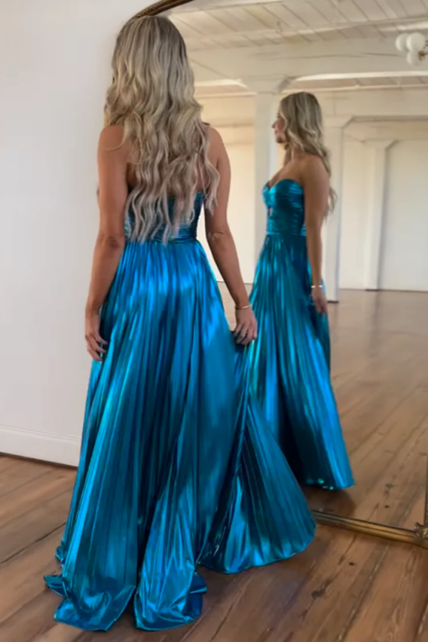 Casual & Simple A-Line Strapless Sleeveless Pleated Prom Dresses Party Dress Floor Length High Side Slit Evening Dress