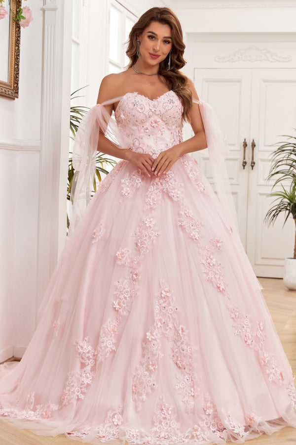 Elegant & Modern Ball Gown Off Shoulder Sleeveless Beaded Flower Appliques Baby Pink Tulle Quinceanera Dress Formal Evening Gown for Sweet 16